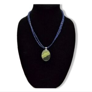 KENNETH COLE Nwot Blue Seed Bead Statement Necklace with Green Enamel Pendant